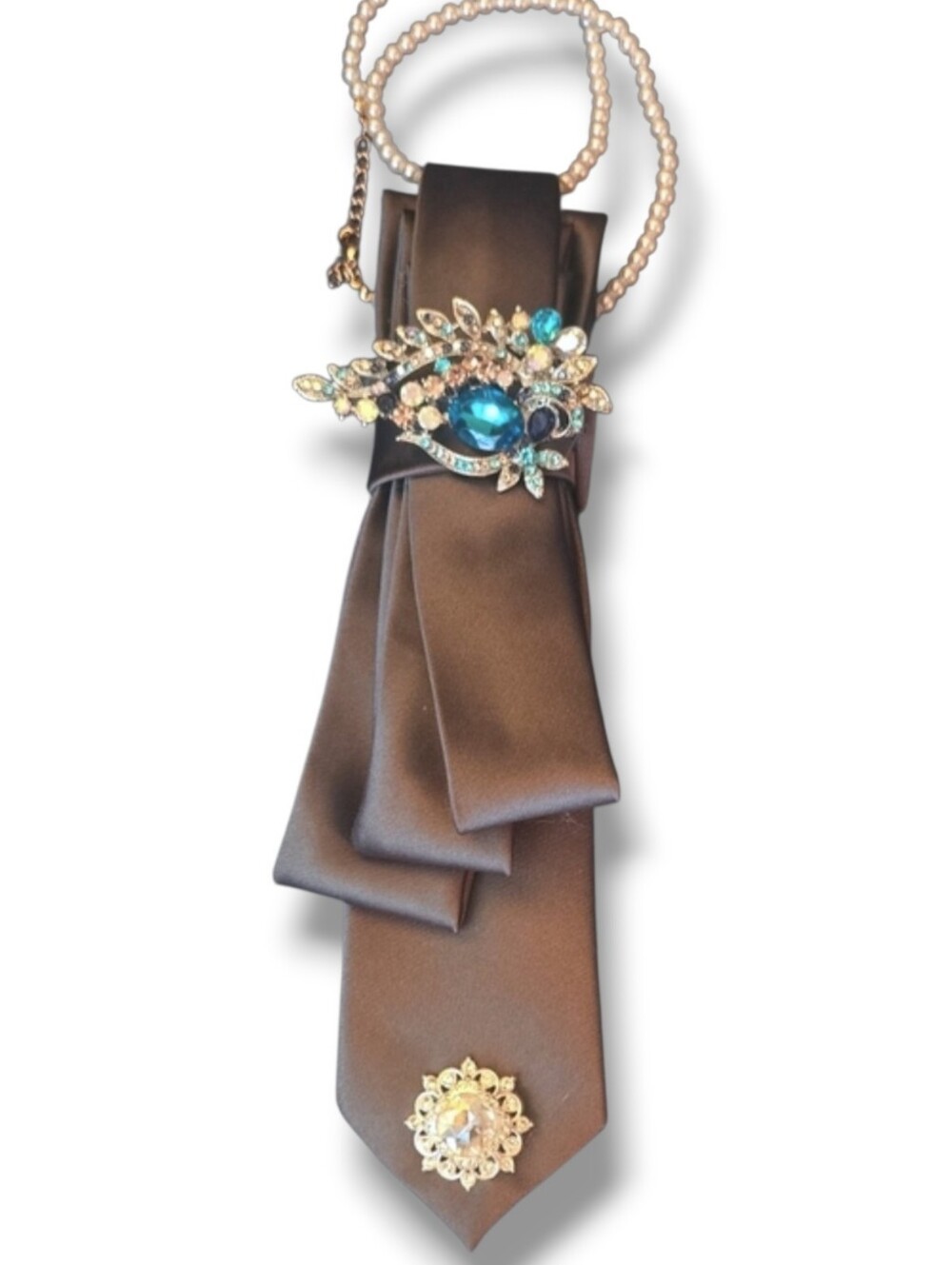 3/$60 Gray Satin Folded Cravat with Blue Crystal Brooch